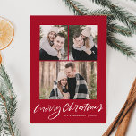God jul Script Mörk Red 3 Photo Collage Julkort<br><div class="desc">Skicka varmt helgdag önskemål till familj och vänner med ett enkelt helgdag-fotokort av Late Bloom Paperie! Det moderna julkortet innehåller 3 av dina favoritfoton med "God jul" som visas i ett vitt handskript med mörkens röda bakgrund. Anpassa framsidan av fotokortet genom att lägga till ditt namn och år. Kortet återgår...</div>