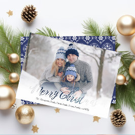God jul Script Navy Blue Snowflake 1 Photo Julkort