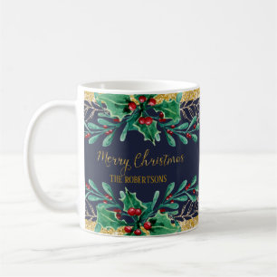 God jul Script Navy Guld Red Watercolor Kaffemugg