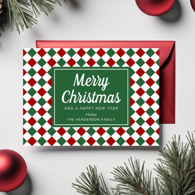 God jul Script Photo Red Grönt Checks Julkort (Merry Christmas Script Photo Red Green Checks Holiday Card)