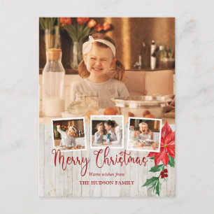 God jul Script, Poinsettia, Rustic 4-Photo Helg Vykort