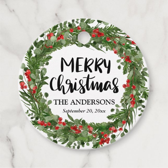 God jul Script Red Holly Löv Wand Gåvor Etiketter (Framsida)