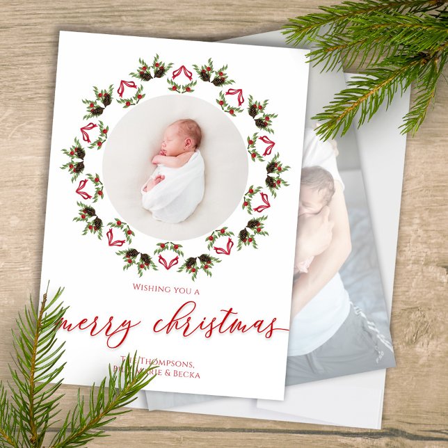God jul Script Red och Grönt Photo Julkort (Merry Christmas Calligraphy script mandala wreath design photo card. )
