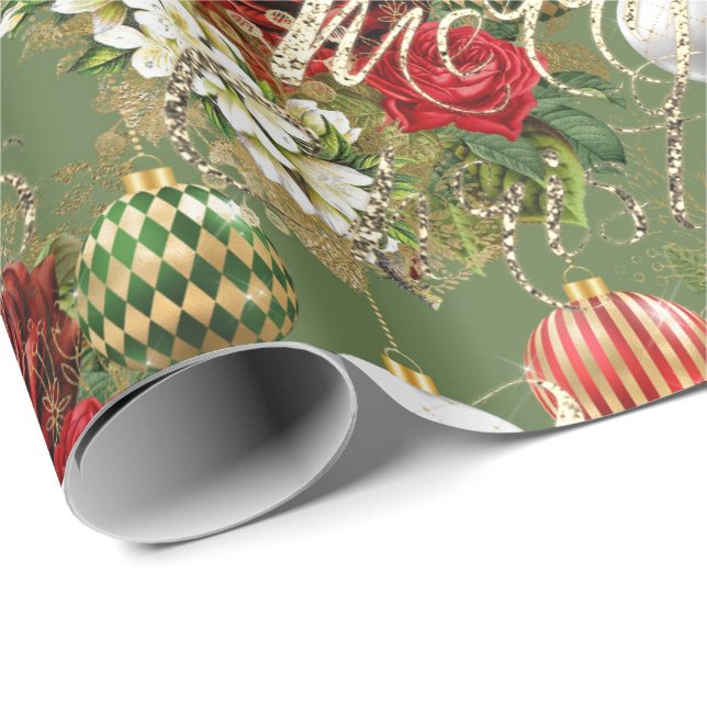 God jul Script Ro Guld Classic Red Grönt Presentpapper (Rullad Hörn)
