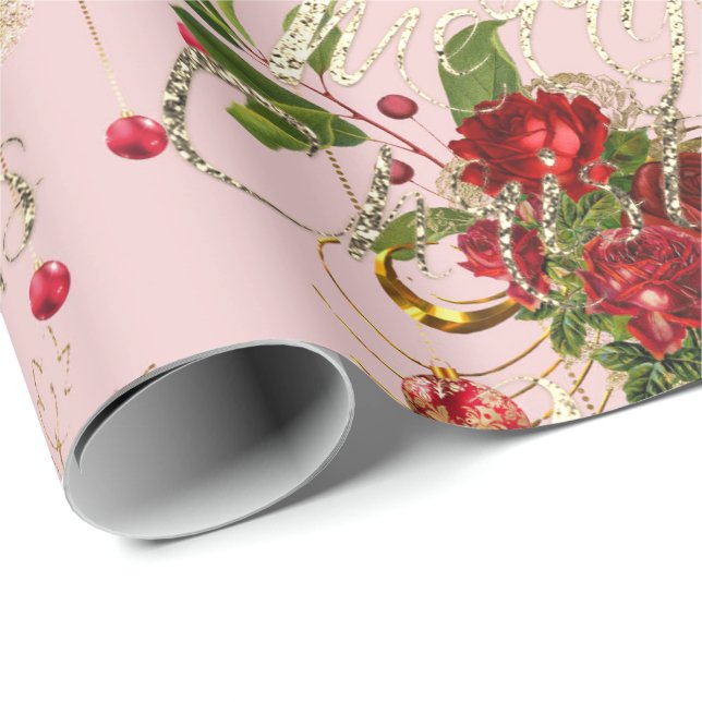 God jul Script Ro Rosa Mint-Grönt Guld  Mint Presentpapper (Rullad Hörn)