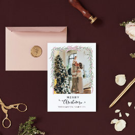 God jul Script Rosa Bow Garland Photo Julkort