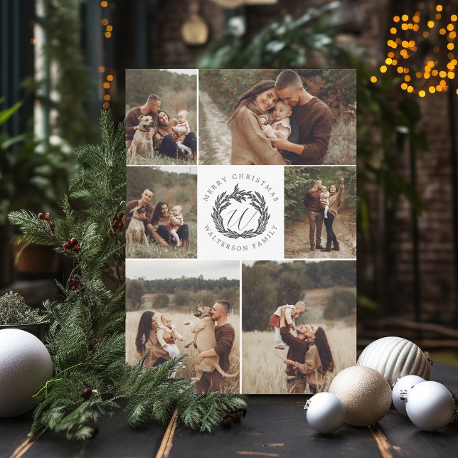 God jul Sex Photo Garland Wandeogram Julkort (Merry Christmas Six Photo Garland Wreath Monogram Holiday Card)