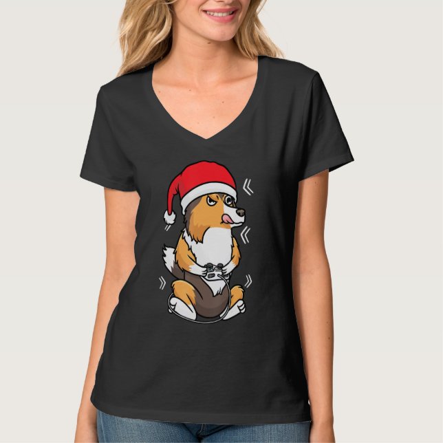 God Jul Shetland Sheepdog Sheltie Hund Gamer Vide T Shirt (Framsida)