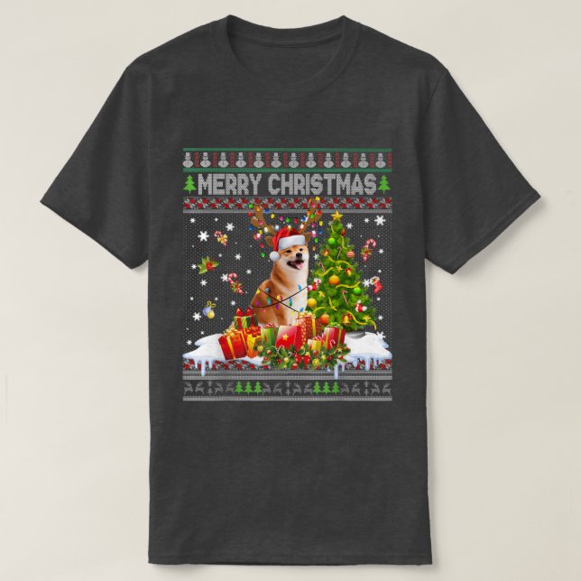 God jul Shiba Inu Santa Julafton Träd Ljus U T Shirt (Design framsida)