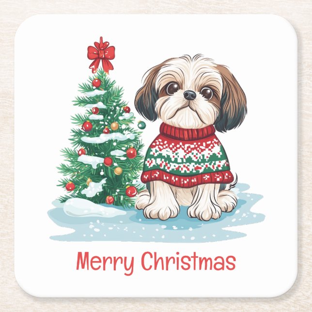 God Jul Shih Tzu Hund Underlägg Papper Kvadrat (Framsidan)