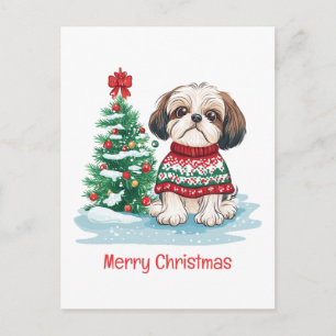 God Jul Shih Tzu Tomte Hund Helg Vykort