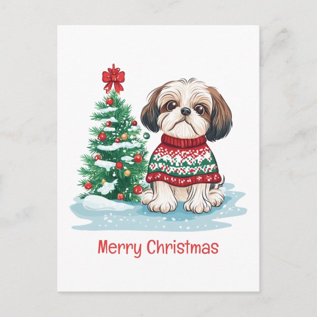 God Jul Shih Tzu Tomte Hund Helg Vykort (Framsida)
