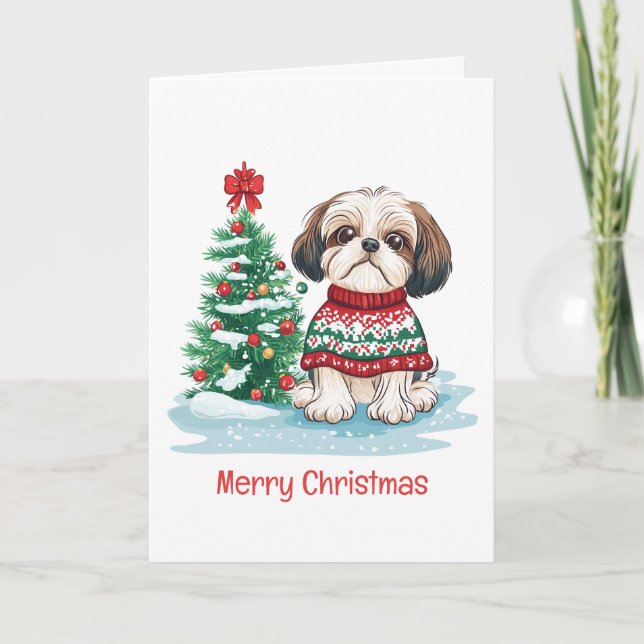 God Jul Shih Tzu Tomte Hund Helgkort (Framsida)