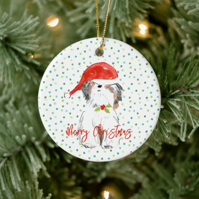 God jul ShiTzu Hund Festive Santa Hat Holly Julgransprydnad Keramik (Träd)