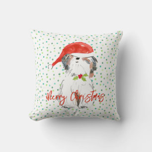 God jul ShiTzu Hund Festive Santa Hat Holly Kudde
