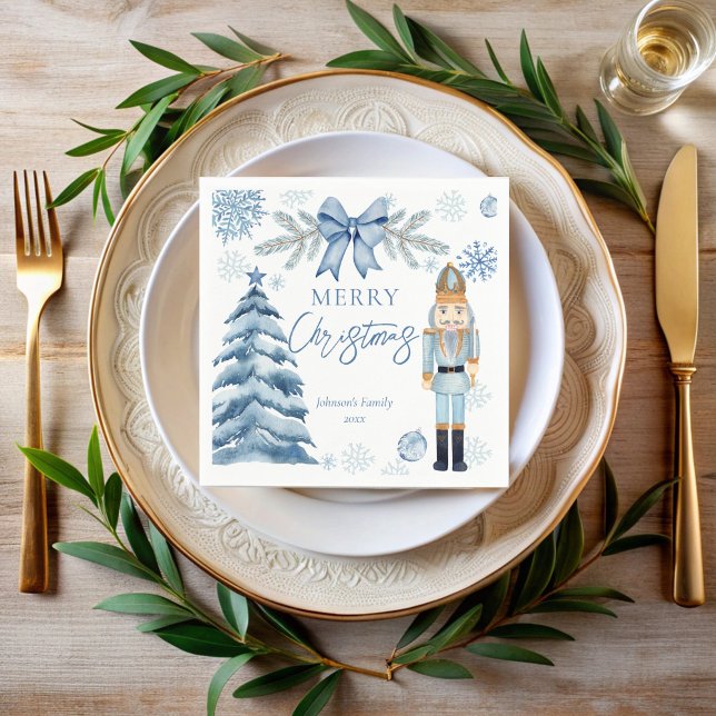God jul silver (blåa buskknä) pappersservett (Merry Christmas silver blue bow Nutcracker personalized Napkins customized Christmas table decor)