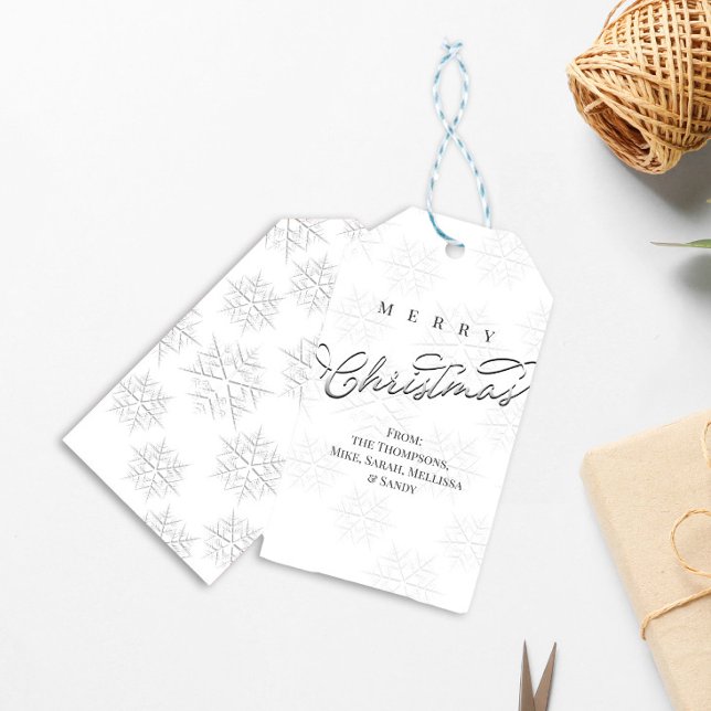 God jul Silver Calligraphy Snöflingor Presentetikett (Merry Christmas silver snowflake calligraphy gift tag.)
