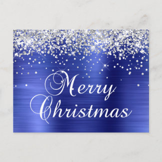 God Jul Silver Glitter Blå Folie Helg Vykort