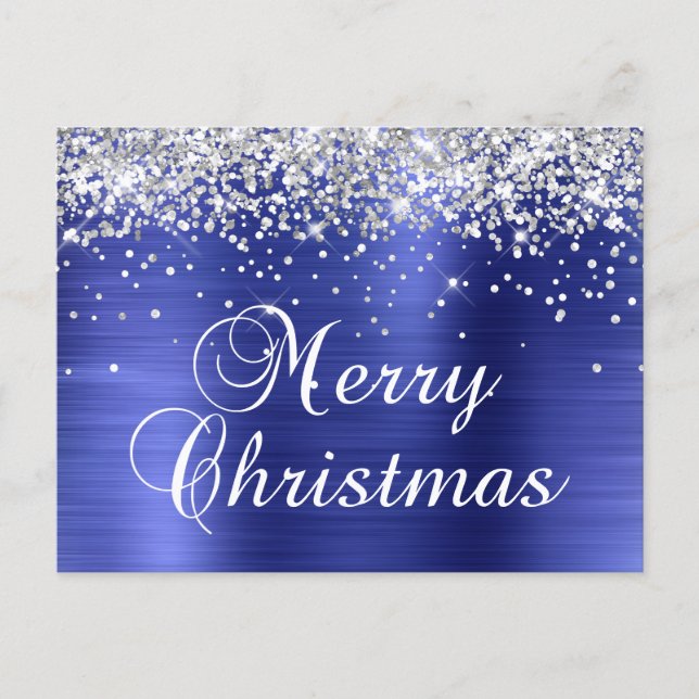 God Jul Silver Glitter Blå Folie Helg Vykort (Framsida)