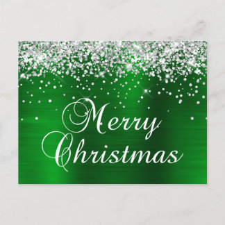 God Jul Silver Glitter Grön Folie Helg Vykort