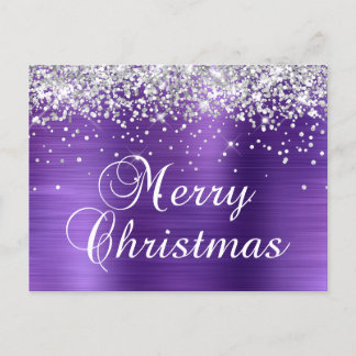 God Jul Silver Glitter Lila Folie Helg Vykort