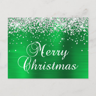 God Jul Silver Glitter Ljusgrön Folie Helg Vykort
