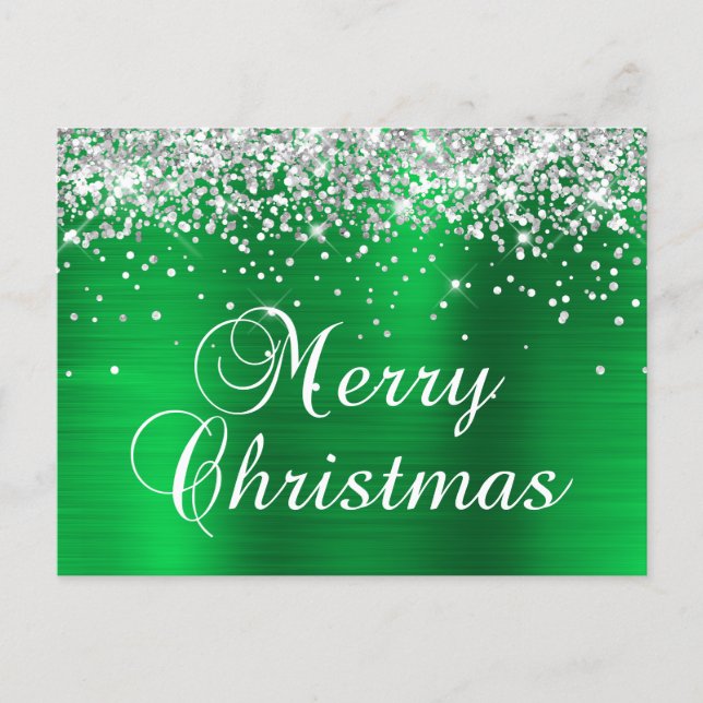 God Jul Silver Glitter Ljusgrön Folie Helg Vykort (Framsida)