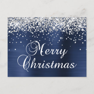 God Jul Silver Glitter Marinblå Folie Helg Vykort