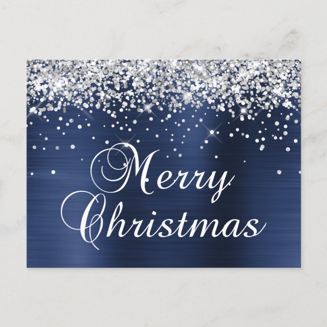 God Jul Silver Glitter Marinblå Folie Helg Vykort (Framsida)
