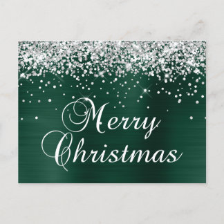 God Jul Silver Glitter Tallrik Grön Folie Helg Vykort