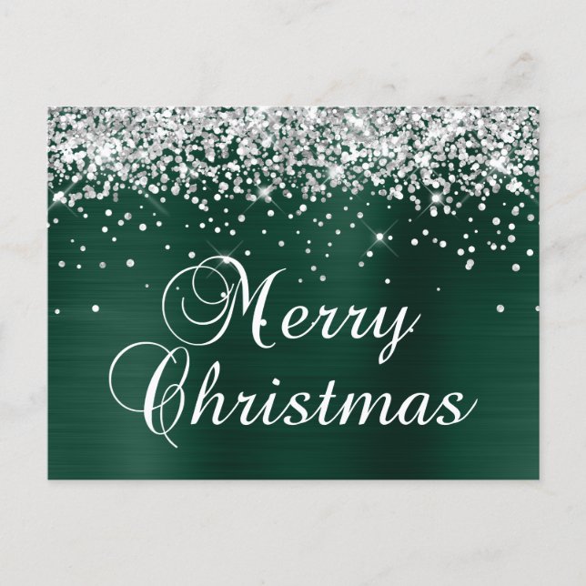 God Jul Silver Glitter Tallrik Grön Folie Helg Vykort (Framsida)