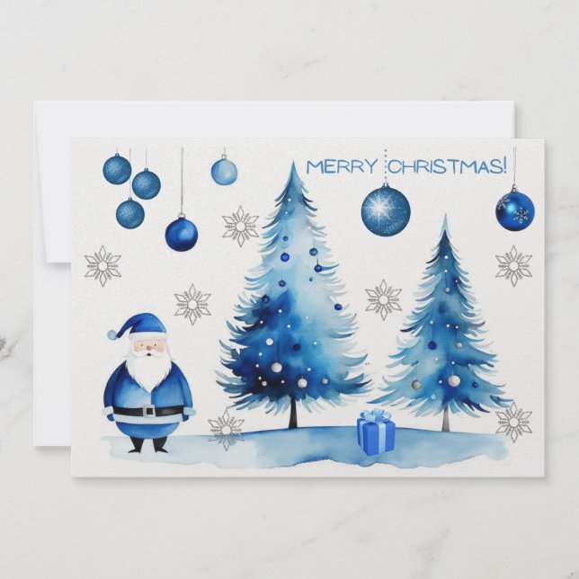 God jul Silver och Blue Japandi Watercolor Julkort (Framsida)