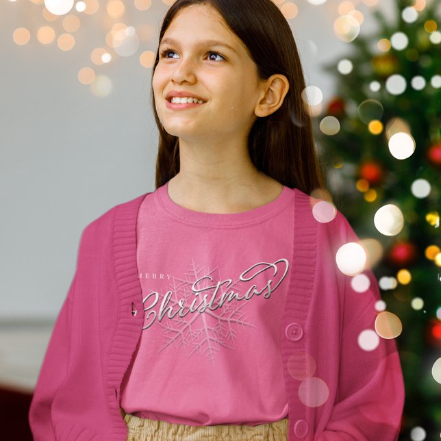 God jul Silver Snowflake T Shirt (Merry Christmas calligraphy script pink t shirt)