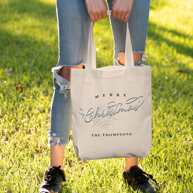 God jul Simple Calligraphy Cute Snowflake Tygkasse (Merry Christmas silver snowflake calligraphy script tote bag
)