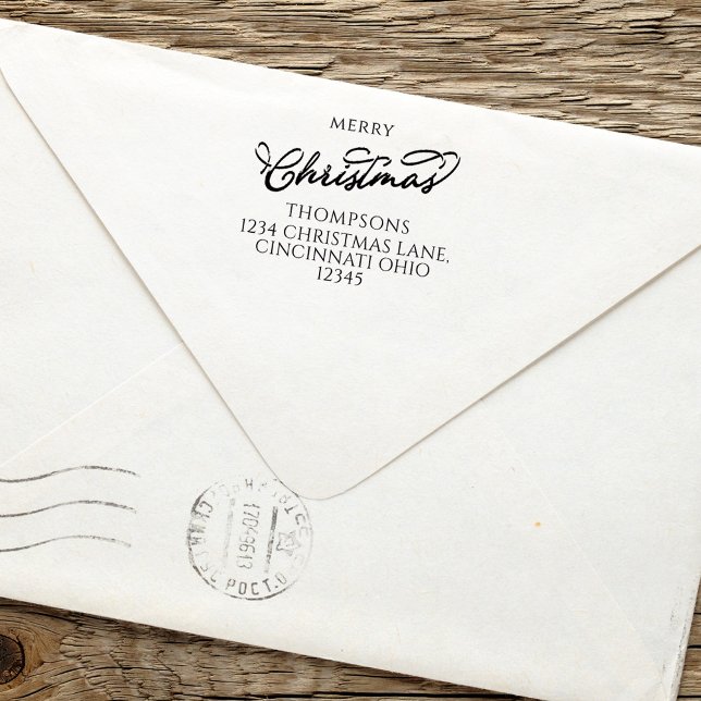 God jul Simple Calligraphy-Returadress Självfärgande Stämpel (Merry Christmas holiday self-inking stamp with stylish calligraphy script.)