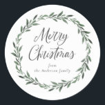 God jul Simple Rustic Watercolor Greenery Runt Klistermärke<br><div class="desc">Vackert,  enkelt,  rustiskt God jul-märke med grönt vattenfärgad andedräkt och din anpassningsbar namnteckning.</div>
