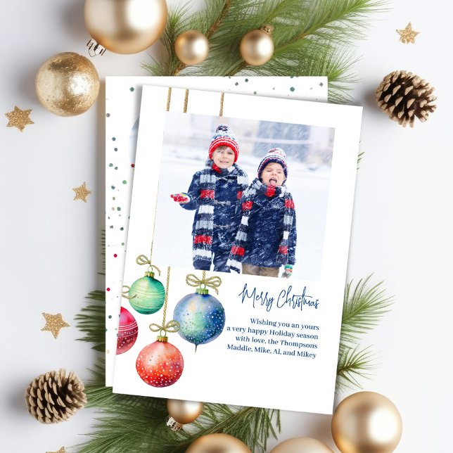 God jul Simple Watercolor Ornaments Photo Julkort (Merry Christmas holiday photo card with whimsical ornaments. )