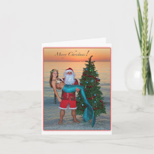 God jul Sjöjungfru med tomten på stranden Helgkort