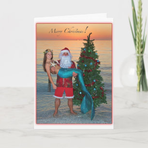 God jul Sjöjungfru med tomten på stranden Helgkort