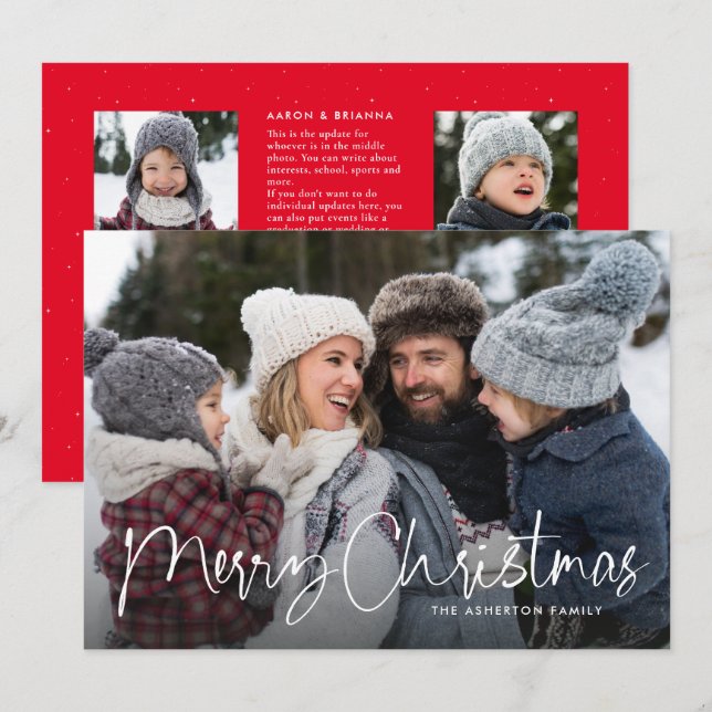 God jul-skriptfamiljens nyhetsbrev röd julkort (Fram/baksida)