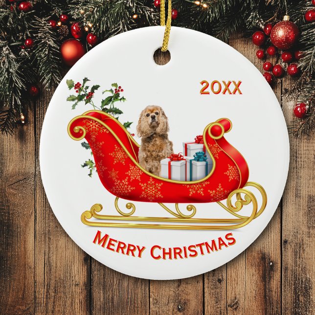 God Jul Sleigh Buff Cocker Spain Hund Julgransprydnad Keramik (Skapare uppladdad)