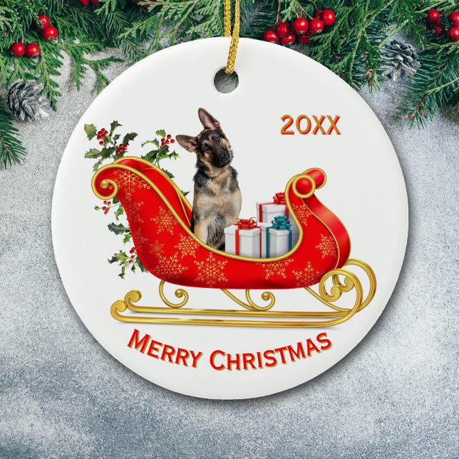 God Jul Sleigh German Shepherd Hund Julgransprydnad Keramik (Skapare uppladdad)