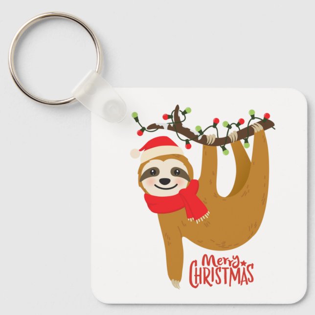 God jul Sloth Cute Festive Helgdagars Nyckelring (Framsida)