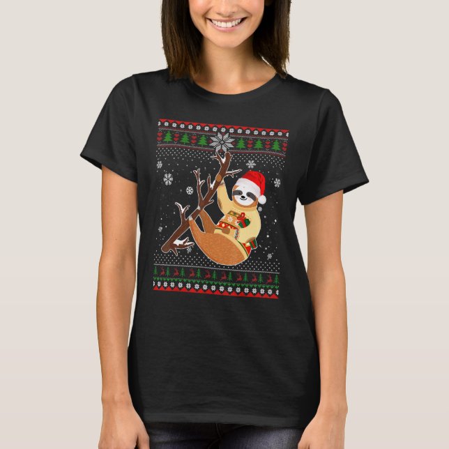 God jul Sloth Hat Santa in Snö Ugly Swea T Shirt (Framsida)