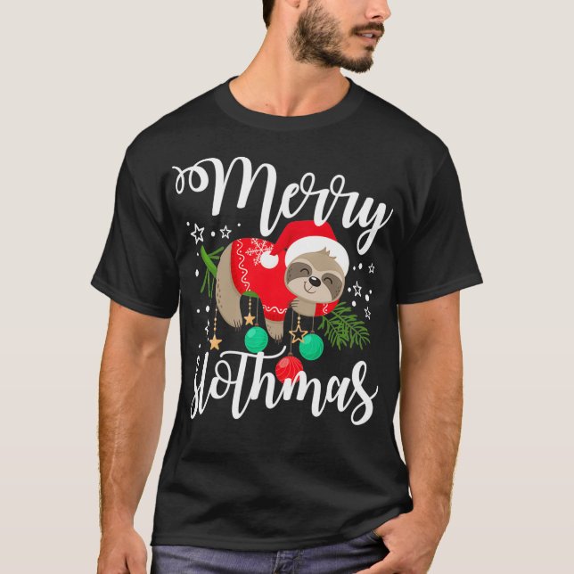 God jul Sloth Lazy Santa Hat T Shirt (Framsida)