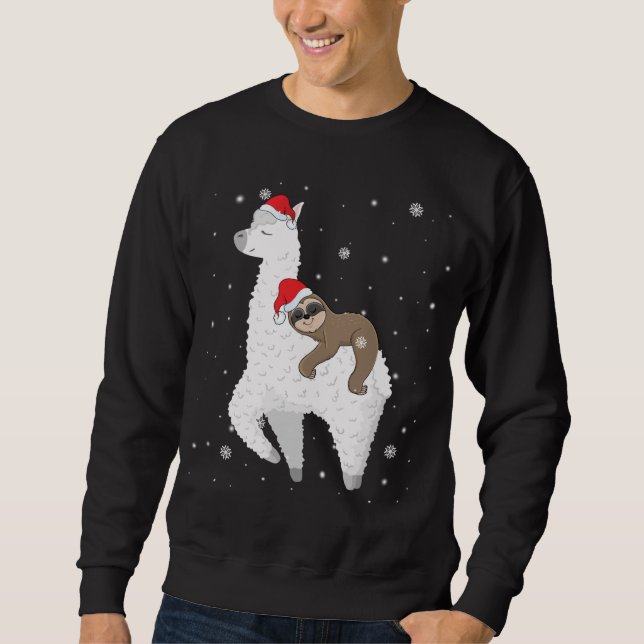 God Jul Sloth Riding Llama Santa Funny Pajamas F Lång Ärmad Tröja (Framsida)