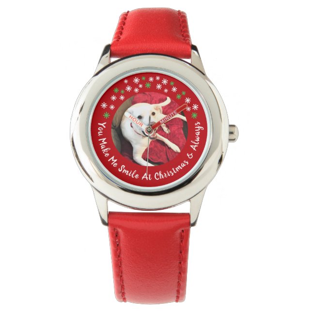 God jul Smiling Hund Photo Funny Red Armbandsur (Framsida)
