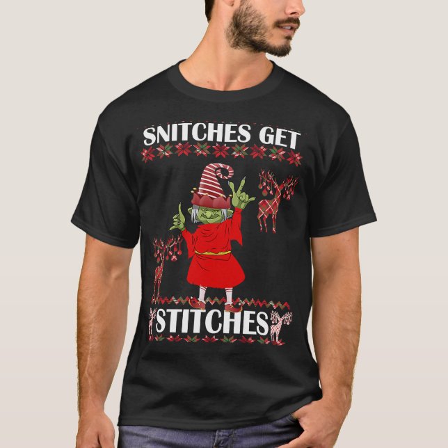 God jul Snitches Get Stitches Elf Ugly Swe T Shirt (Framsida)