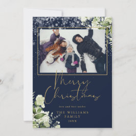 God Jul Snö Blommig Guld Och Blå Foto Julkort