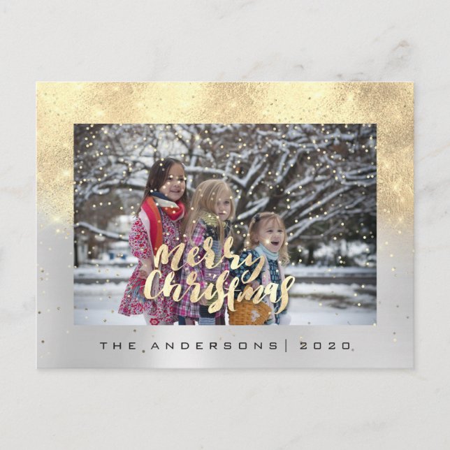 God jul Snö Grått Guld Aqua Photo Glitter Vykort (Framsida)